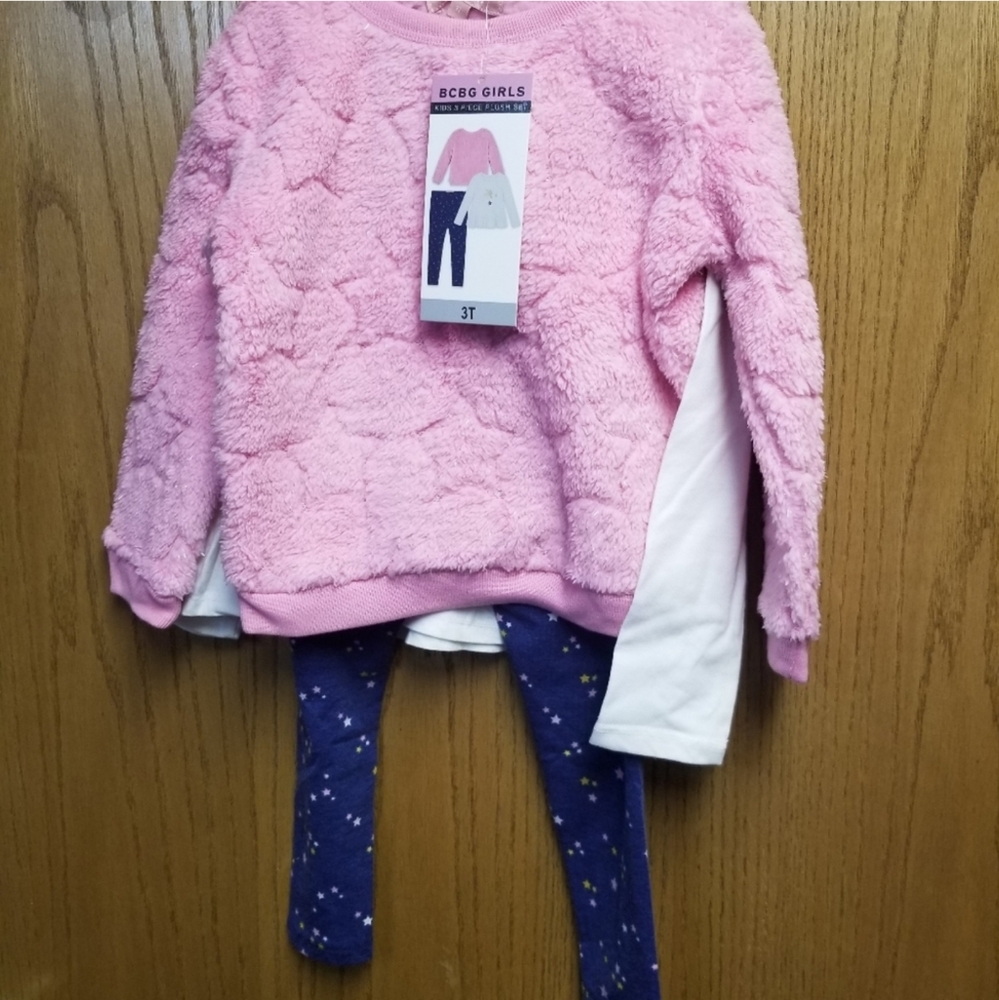 BCBG Girls 3-Piece Plush Set, Pink Sweater, Cream Tunic & Blue Leggings, - Picture 6 of 8